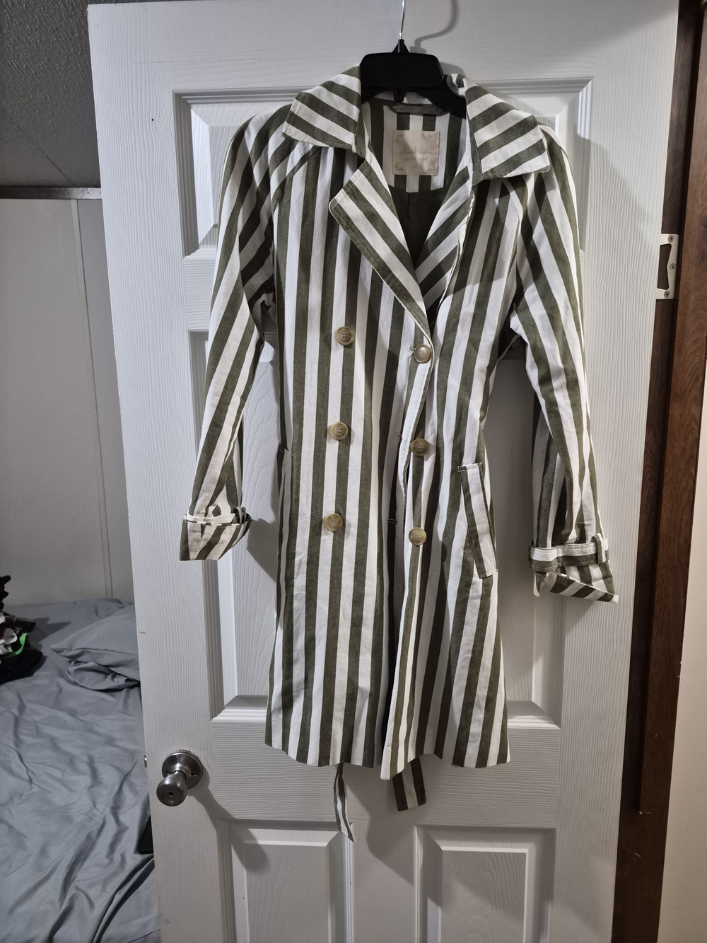 Altar'd State Olive & White Striped Double-Breasted Trench